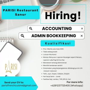 Lowongan Kerja Sebagai Accounting, Admin Bookkeeping untuk Parisi Restaurant Penempatan di Sanur, Denpasar