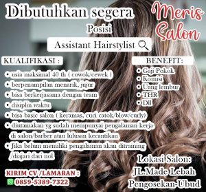 Lowongan Kerja Sebagai Assistant Hairstylist untuk Meris Salon Penempatan di Ubud, Gianyar   