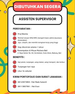 Lowongan Kerja Sebagai Assistant Supervisor untuk Mixue Mutiara Bali Penempatan di Kerobokan, Badung