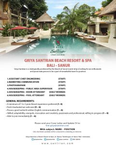 Lowongan Kerja Sebagai Asst. Chief Engineering, Marketing Communication, Photographer, Housekeeping Public Area Spv, Dll untuk Griya Santrian Beach Resort & SPA Penempatan di Sanur, Denpasar