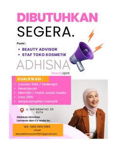 Lowongan Kerja Sebagai Beauty Advisor, Staff Toko Kosmetik untuk Adhisna Beautyspot Penempatan di Kuta, Badung