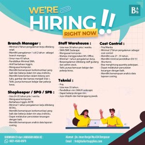 Lowongan Kerja Sebagai Branch Manager, Staff Warehouse, Cost Control,  Shopkeeper / SPG/SPB, Teknisi untuk Bali Art Supplies Penempatan di Denpasar