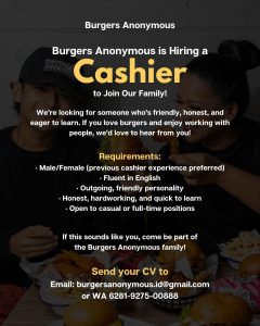 Lowongan Kerja Sebagai Cashier untuk Burger Anonymous Penempatan di Pererenan, Badung 