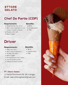 Lowongan Kerja Sebagai Chef De Partie (CDP), Driver untuk Ettore Gelato Penempatan di Canggu, Badung
