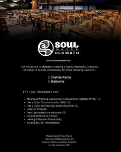 Lowongan Kerja Sebagai Chef de Partie, Waiter/ss untuk Soul Waves Uluwatu Penempatan di Badung