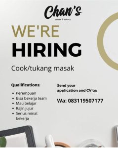 Lowongan Kerja Sebagai Cook / Tukang Masak untuk Chan's Coffee & Bakery Penempatan di Denpasar