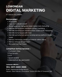 Lowongan Kerja Sebagai Digital Marketing untuk PT. Bagus Ayu Jendra Penempatan di Denpasar