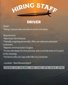 Lowongan Kerja Sebagai Driver, Staff Drone Pilot, Shopkeeper, Surf Camp Manager untuk Penempatan di Badung