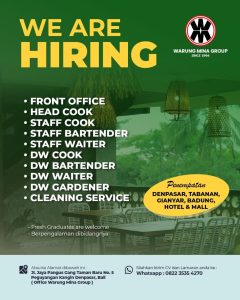 Lowongan Kerja Sebagai Front Office, Head Cook, Cook, Bartender, Waiter, Cleaning Service, Daily Worker Bartender, Bartender, Dll untuk Warung Mina Penempatan di Bali