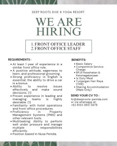 Lowongan Kerja Sebagai Front Office Leader, Front Office Staff untuk Deep Roots Dive & Yoga Resort Penempatan di Nusa Penida, Klungkung