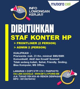 Lowongan Kerja Sebagai Frontliner, Admin untuk Mutiara Cell Penempatan di Renon, Denpasar