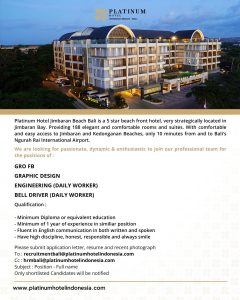 Lowongan Kerja Sebagai GRO FB, Graphic Designer, Daily Worker Engineering dan Bell Driver  untuk Platinum Hotel Penempatan di Jimbaran, Badung