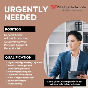 Lowongan Kerja Sebagai General Admin, Admin Accounting, Customer Service, Personal Assistant, Receptionist untuk Wirasana Rent a Car Penempatan di Sanur, Denpasar 