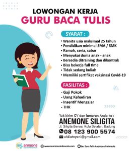 Lowongan Kerja Sebagai Guru Baca Tulis untuk Anemone Siligita Penempatan di Benoa, Badung