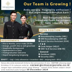 Lowongan Kerja Sebagai HK Lead, GSA/FO, Daily Worker HK & FB, Cook Helper, Gardener, Security untuk The Banyumas Villas Penempatan di Denpasar