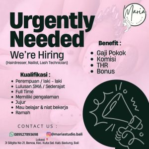 Lowongan Kerja Sebagai Hairdresser, Nailist, Lash Technician untuk Maria Beauty Studio Penempatan di Benoa, Badung