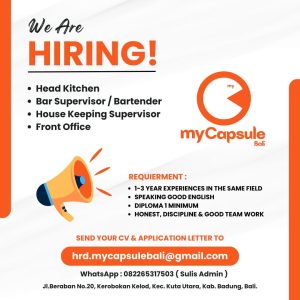 Lowongan Kerja Sebagai Head Kitchen, Bar Supervisor/Bartender, Housekeeping Supervisor, Front Office untuk My Capsule Bali Penempatan di Kerobokan, Badung