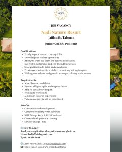 Lowongan Kerja Sebagai Junior Cook, Receptionist untuk Nadi Nature Resort Penempatan di Tabanan