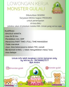 Lowongan Kerja Sebagai Karyawan Produksi untuk Monster Gulali Penempatan di Bali