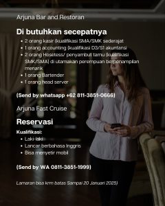 Lowongan Kerja Sebagai Kasir, Accounting, Hostess, Bartender, Head Server, Reservasi untuk Arjuna Bar and Restoran Penempatan di Bali