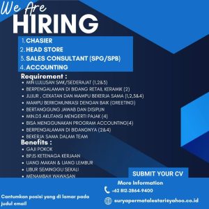 Lowongan Kerja Sebagai Kasir, Head Store, Consultant (SPG/SPB), Accounting untuk Surya Permata Lestari Penempatan di Denpasar 