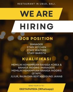 Lowongan Kerja Sebagai Manager, Staff Kitchen, Staff Waitress, Staff Barista untuk Restaurant Penempatan di Ubud, Gianyar 