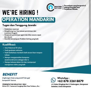 Lowongan Kerja Sebagai Operation Mandarin, Reservation Correspondence untuk Creation Tour & Travel Penempatan di Denpasar