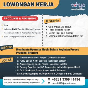 Lowongan Kerja Sebagai Produksi dan Finishing untuk Cahya Copy & Printing Penempatan di Bali 