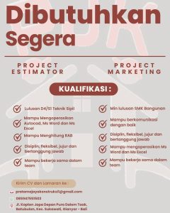 Lowongan Kerja Sebagai Project Estimator, Project Marketing untuk Pratama Jaya Kontruksi Penempatan di Batubulan, Gianyar 