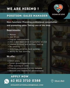 Lowongan Kerja Sebagai Sales Manager untuk Ocean Of Love Penempatan di Ubud, Gianyar 