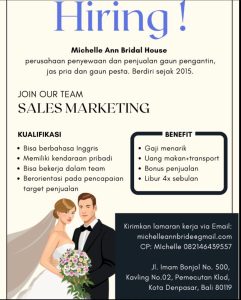 Lowongan Kerja Sebagai Sales Marketing untuk Michelle Ann Bridal House Penempatan di Denpasar