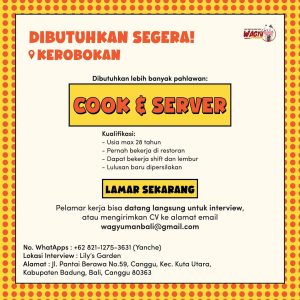 Lowongan Kerja Sebagai Server, Cook untuk Wagyuman Penempatan di Kerobokan, Badung