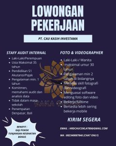 Lowongan Kerja Sebagai Staff Audit Internal, Foto & Videographer untuk PT. Cau Kasih Investama Penempatan di Denpasar