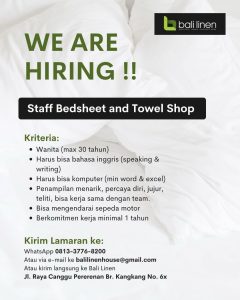 Lowongan Kerja Sebagai  Staff Bedsheet and Towel Shop untuk Bali Linen Penempatan di Canggu, Badung 