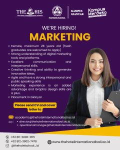 Lowongan Kerja Sebagai Staff Marketing dan Freelance Instructor untuk The HIS Penempatan di Gianyar 