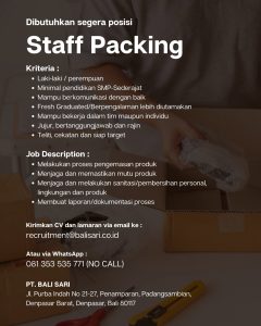 Lowongan Kerja Sebagai Staff Packing untuk PT. Bali Sari Penempatan di Padangsambian, Denpasar