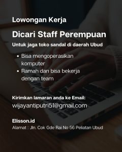 Lowongan Kerja Sebagai Staff Perempuan untuk Elisson id Penempatan di Ubud, Gianyar