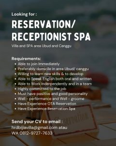 Lowongan Kerja Sebagai Staff Reservation/Receptionist SPA untuk Bijia Villa Penempatan di Bali