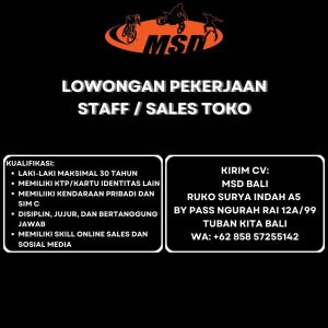 Lowongan Kerja Sebagai Staff /Sales Toko untuk MSD Bali Penempatan di Tuban, Badung