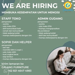 Lowongan Kerja Sebagai Staff Toko, Admin Gudang, Sopir dan Helper untuk Galang Furniture Penempatan di Denpasar