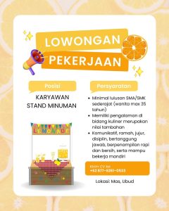 Lowongan Kerja Sebagai Staff untuk Stand Minuman Penempatan di Ubud, Gianyar 