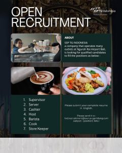 Lowongan Kerja Sebagai Supervisor, Server, Cashier, Host, Barista, Cook, Storekeeper untuk Taurus Gemilang Group Bali Penempatan di Tuban, Badung