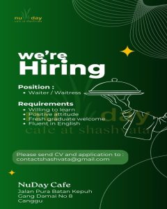 Lowongan Kerja Sebagai Waiter/Waitress untuk NuDay Cafe Penempatan di Canggu, Badung