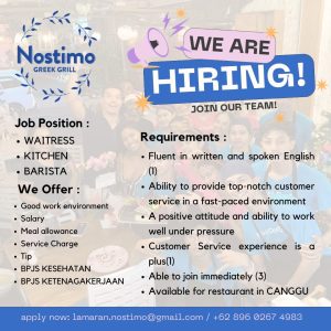 Lowongan Kerja Sebagai Waitress, Kitchen, Barista untuk Nostimo Greek Grill Penempatan di Canggu, Badung