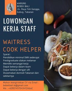 Lowongan Kerja Sebagai Waitress dan Cook Helper untuk Warung Bebek Bali Penempatan di Tabanan