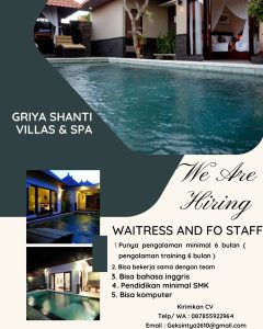 Lowongan Kerja Sebagai Waitress dan FO staff untuk Griya Shanti Villas & SPA Penempatan di Ubud, Gianyar 