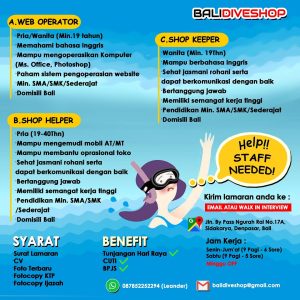 Lowongan Kerja Sebagai Web Operator, Shop Helper, Shopkeeper untuk Bali Dive Shop Penempatan di Denpasar