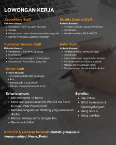 Lowongan Kerja Sebagai Accounting, Customer Service, Driver, Quality Control, Sales untuk ATT Group Penempatan di Badung