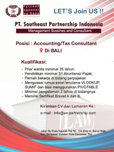 Lowongan Kerja Sebagai  Accounting Tax / Tax Consultant untuk PT. Southeast Partnership Indonesia Penempatan di Denpasar