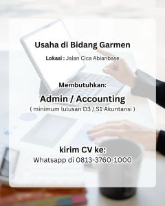 Lowongan Kerja Sebagai Admin / Accounting untuk Garmen Penempatan di Abianbase, Badung